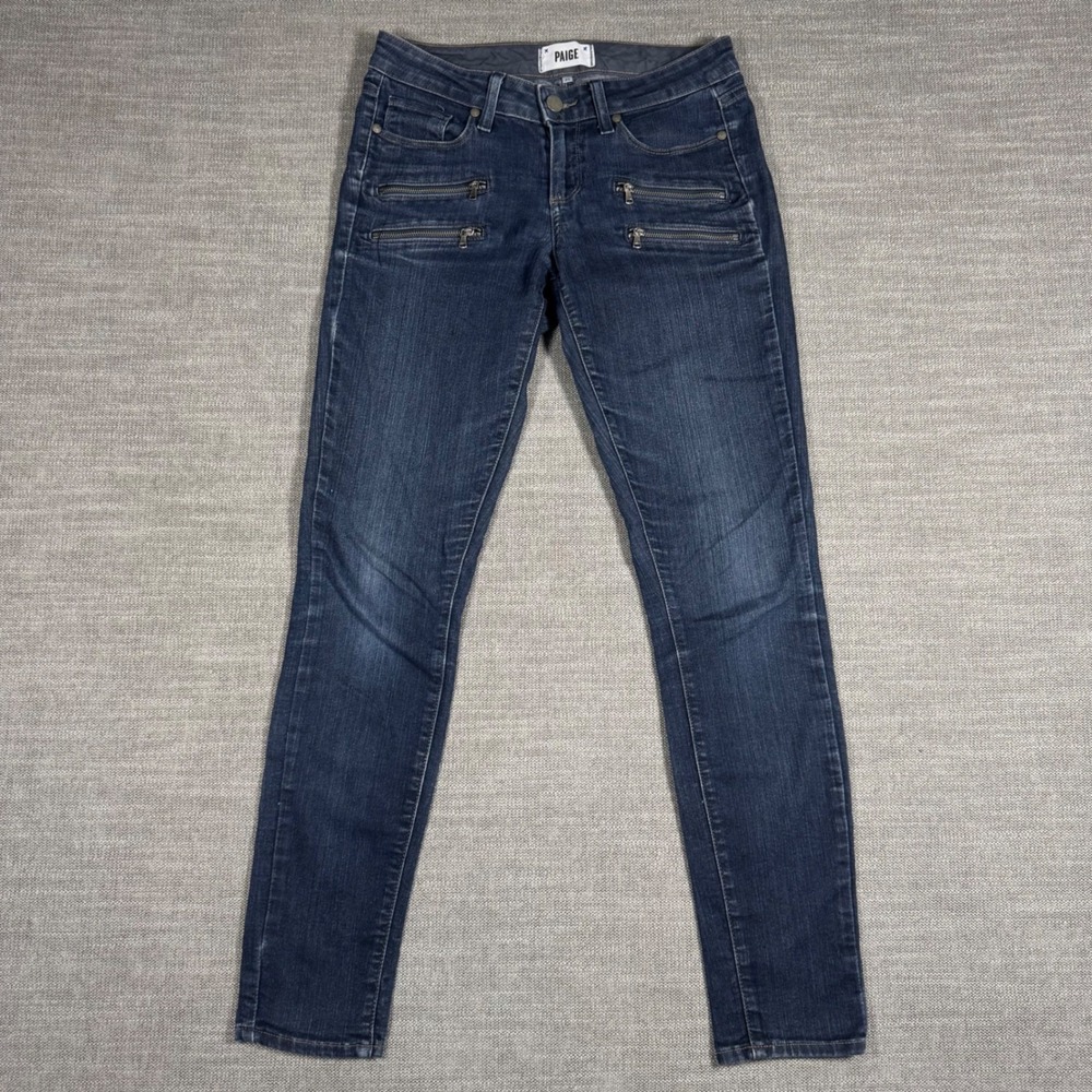 PAIGE Edgemont Skinny Jeans Blue Denim Moto Zip‎ Detail Low Rise Size 26 - Picture 2 of 11